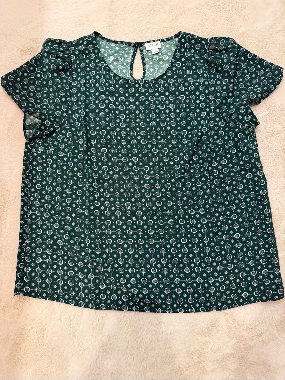 J. Crew Forest Green Floral Print Short Sleeve Blouse